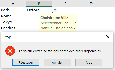 Validation des données Excel - Stop Message