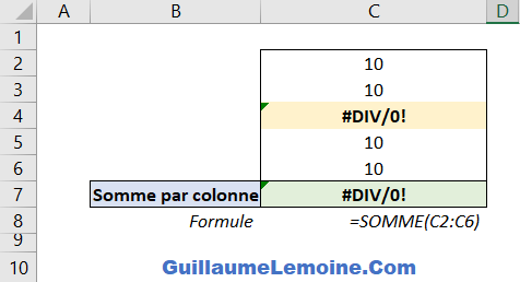 Fonction Excel SOMME - Exemple Erreur