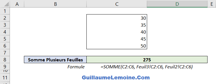 Fonction Excel SOMME - Exemple Plusieurs Feuilles
