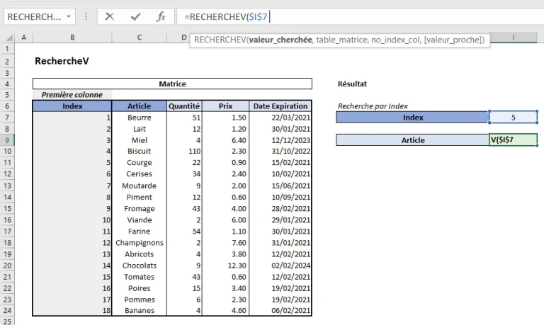 Exemple RechercheV Excel - Sélection de la Valeur Cherchée