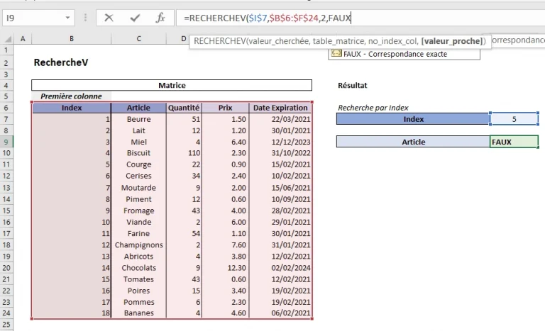 Exemple RechercheV Excel - Validation